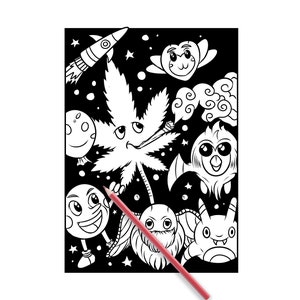 Può includere: Pagina da colorare in bianco e nero con una foglia di marijuana di cartone animato con un viso, un razzo, una nuvola e diversi altri personaggi di cartone animato.