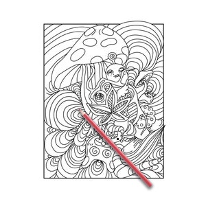 Può includere: Un disegno in bianco e nero di un fungo con un viso fantasioso e dettagli intricati. Il fungo è circondato da linee e motivi vorticosi, creando un design psichedelico e surreale.