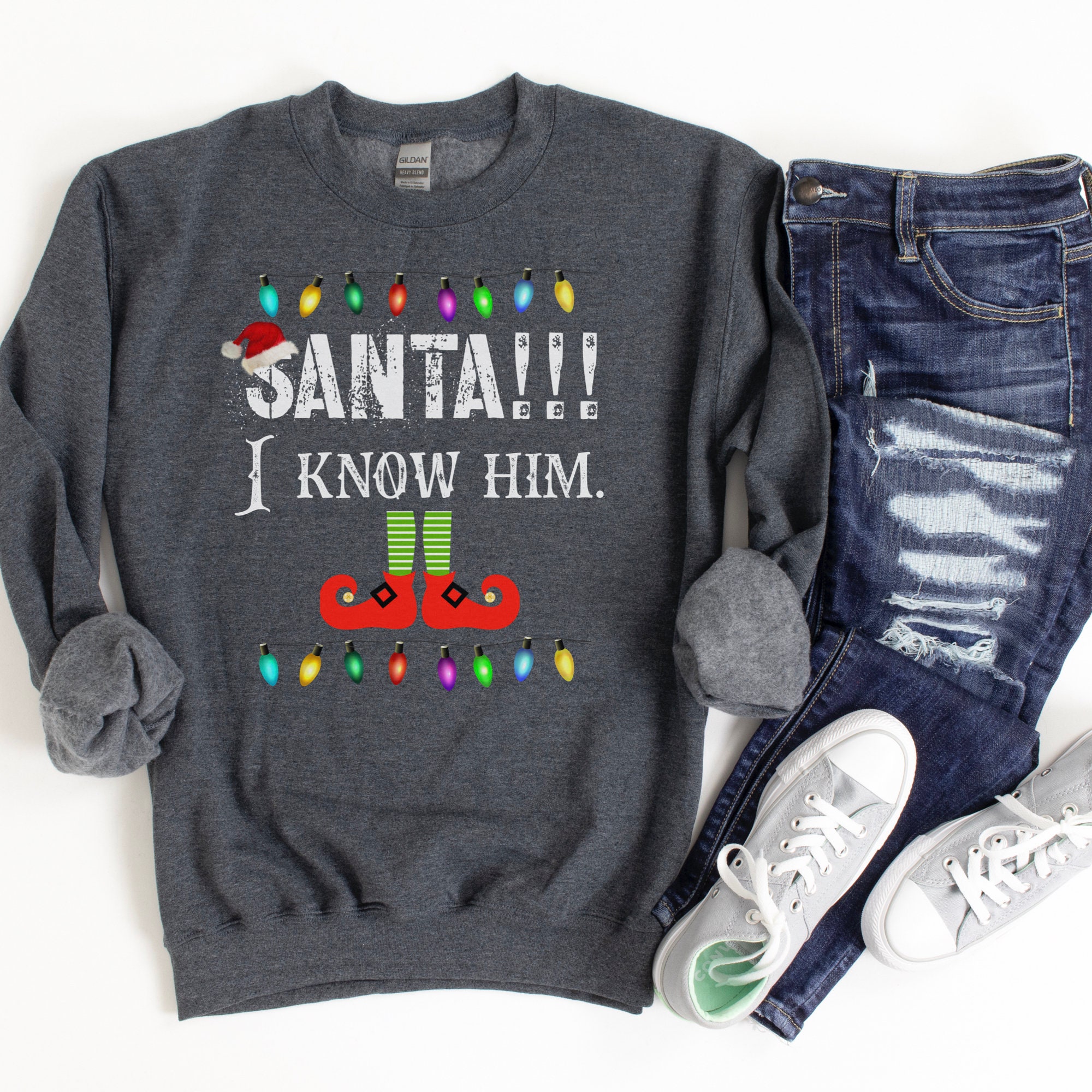 367 Santa is Coming I know Him Funny Adult Crew Sweatshirt