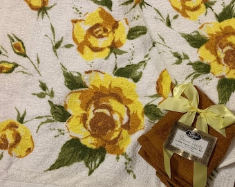 Adorable Vintage Towel Set Sayco Yellow Rose Vintage Washcloth Set Yellow Bath Towels Cotton Towel Set Mid Century Modern Gift