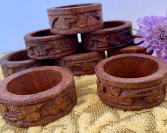 Set of 8 Vintage hand Carved Wood Napkin Rings Floral Print Macrame Beads