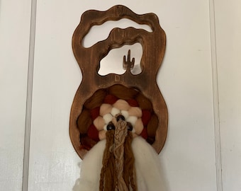 Large Vintage Hand Woven Macrame Wood Cactus Mirror Hand Made Unique Desert Chic Boho Wall Hanging Wood Beads