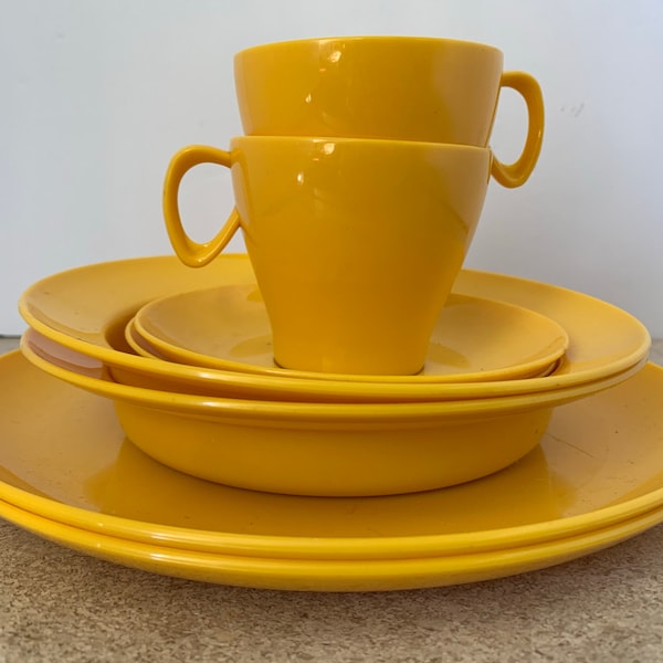 Two Person Vintage Valon Geschirr Melamine Dining Set Bright Yellow Plates Bowls Cups and Saucers Melmac Valon Ware