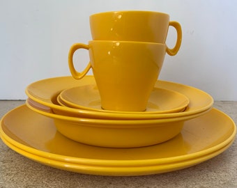 Two Person Vintage Valon Geschirr Melamine Dining Set Bright Yellow Plates Bowls Cups and Saucers Melmac Valon Ware