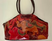 Vintage Leather Purse Elephants Embossed Leather Hand Painted Made In India Super Soft Elephant Handbag