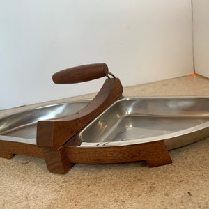 Mid Century Modern Dansk Style Serving Tray Appetizer Tray Snack Set AS 18/8 Sweden Teak Handle