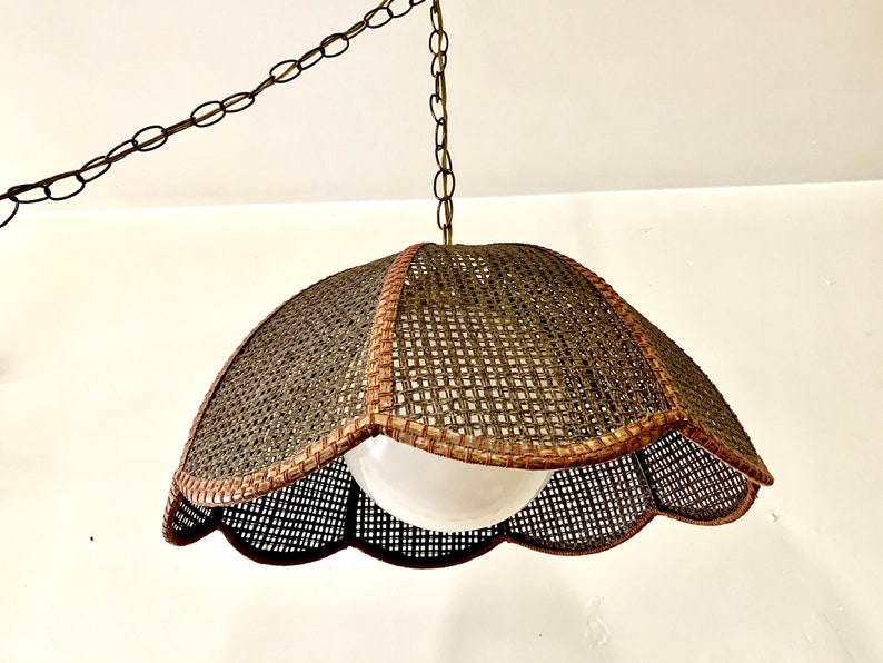 Large Vintage Wicker Lamp Rattan Swag Lamp With Brass Chain Etsy