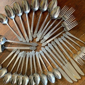 Gorgeous 34 Piece Vintage Stainless Flatware Set Rogers Stainless Doric Two Tone Textured Handle Pattern 4 Person Setting Plus Extra Japan