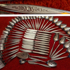 Adorable Flower Handle 56 Piece Vintage Stainless Flatware Floral Design Handles Floral WM Rogers Primrose Retro Silverware