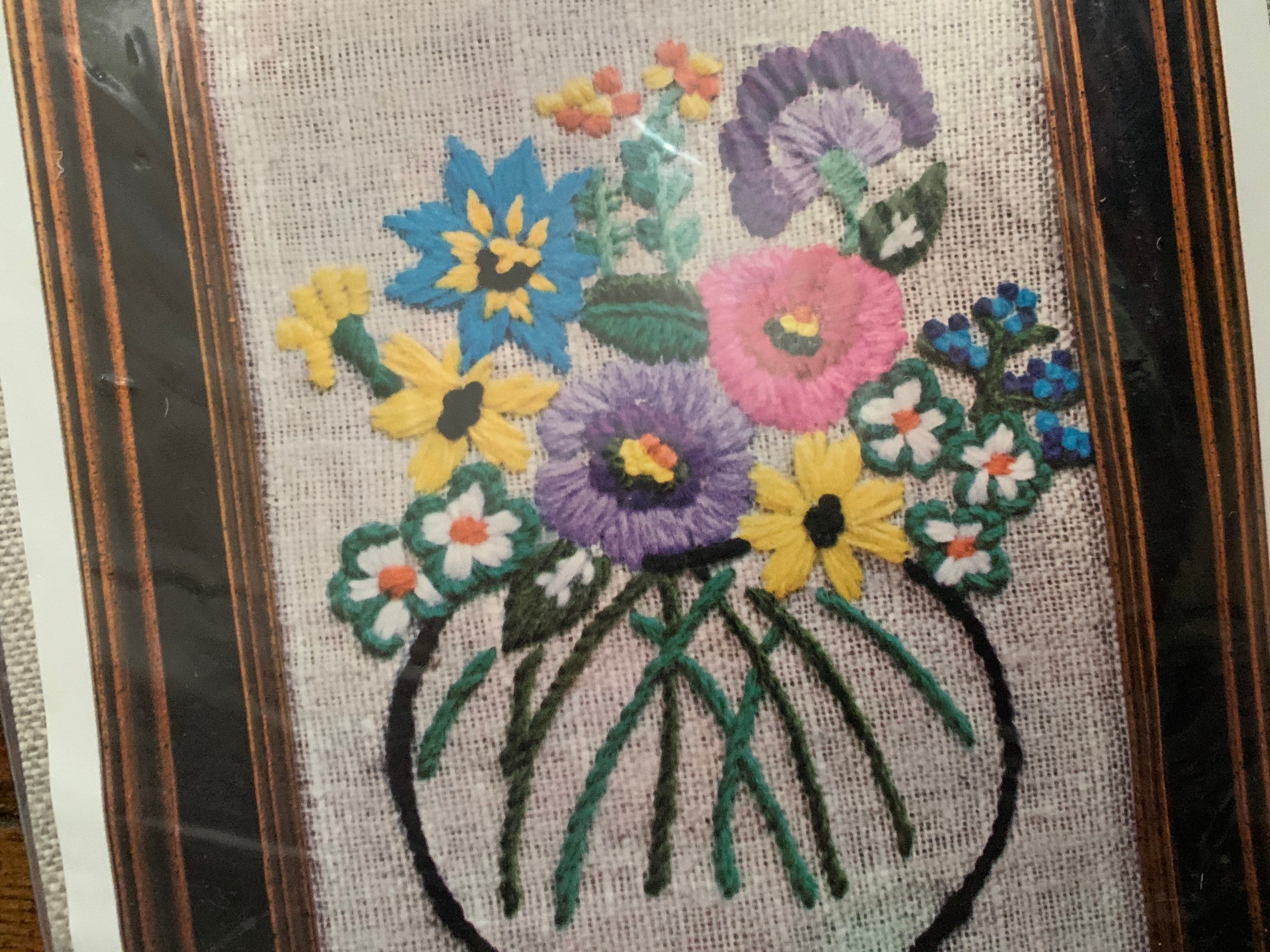NOS Unopened Vintage Crewel Kit Flower Crewel Embroidery Kit American Family Craft No M-9105 “Glass Bowl Bouquet” Crewel Kit
