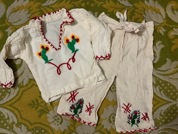 Adorable Vintage Embroidered Cactus Baby Outfit Small Toddler Mexican Embroidery Shirt And Pants Hand Made