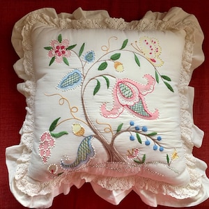 Vintage Jacobean Floral Crewel Embroidered Pillow Butterfly Crewel Floral Embroidery Accent Pillow Decorative Pillow