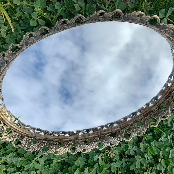 Vintage Vanity Mirror Brass Colored Mirror Tray Tabletop Mirror Serving Tray Hollywood Regency Mirror