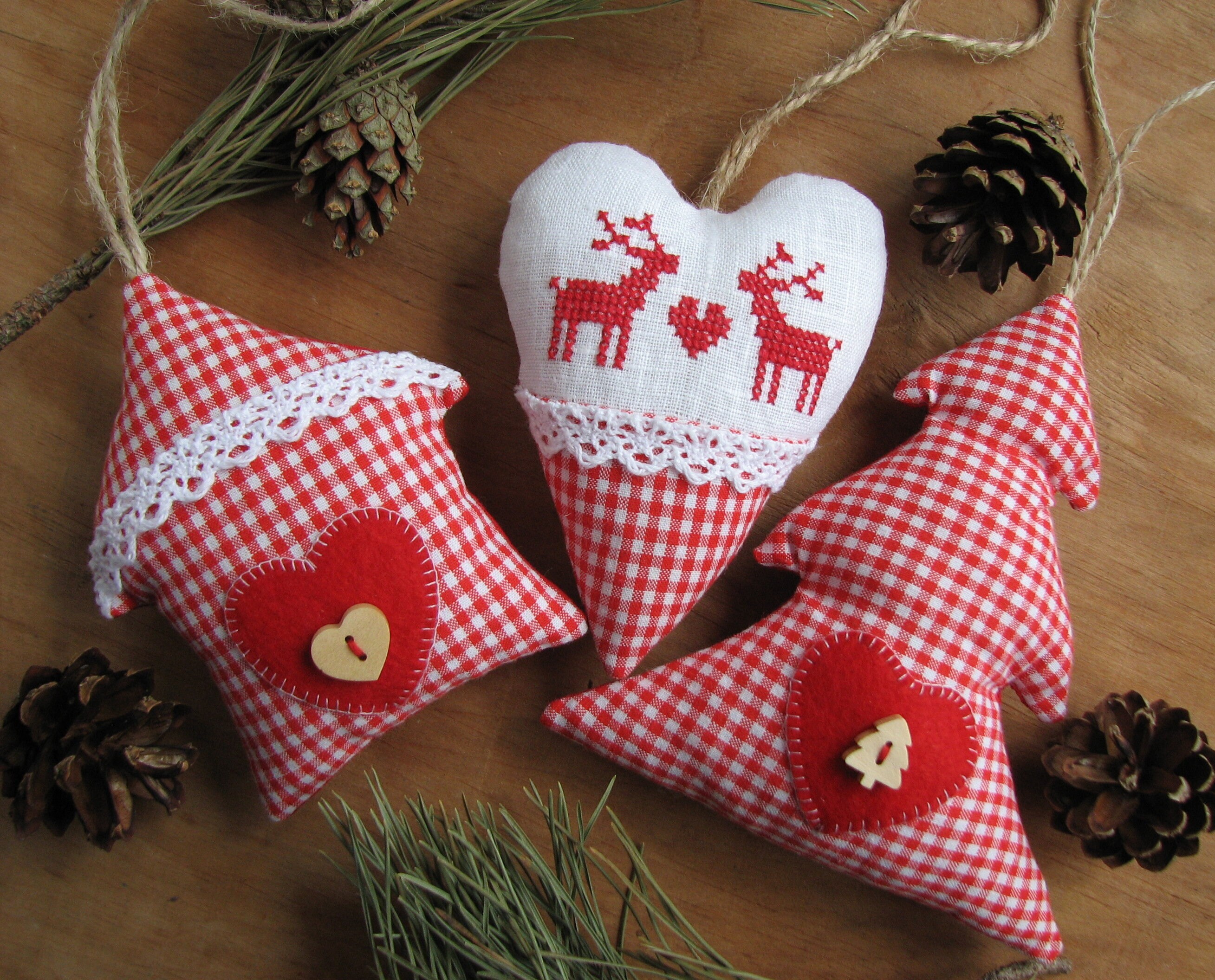 Christmas Country Ornament Lot Red White Felt Fabric Buttons Lace