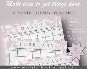 12-Month Undated Calendar Printables - Instant Download - A4, A5, US Letter