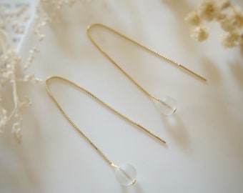 Sterling Silver Threader Earrings, Long chain earrings, Threader clear Quartz Earrings, Pearl earrings, Chain Threader, Valentines day gift
