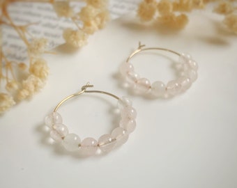 Rose Quartz Hoop Earrings Gold, Boho, Gold-plated sterling silver, Gift for her, Rose quartz gemstone