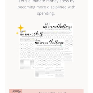 May include: Three printable monthly no-spend challenge calendars with a checklist icon and the text "Set monthly goals! Track your No Spend days!" in pink. The calendars are titled "April No Spend Challenge", "September No Spend Chall", and "January No Spend Challenge".