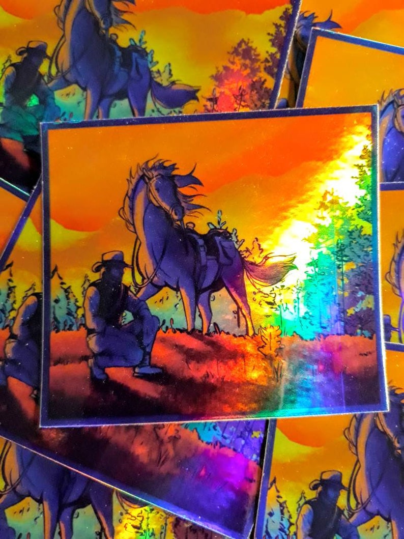 Tons of great art and collectibles! Red Dead Redemption 2 inspired 3 holographic sticker decal Arthur Morgan and steed CHeck OUt my SHop