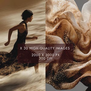 May include: A woman in a flowing black and burgundy dress, running through water. The dress has a patterned design. The image also includes a close-up of a fabric with a brown and white pattern and the text "X 30 HIGH QUALITY IMAGES 2000 X 3000 PX 300 DPI."