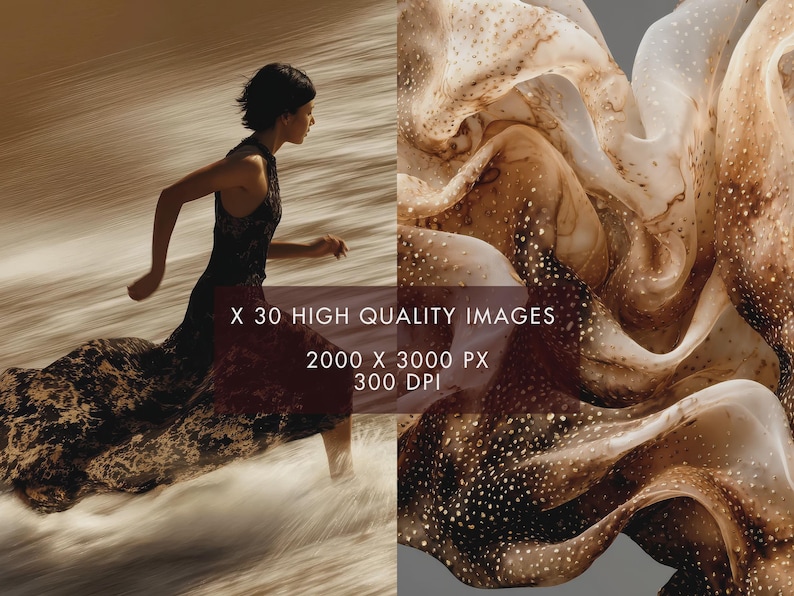 May include: A woman in a flowing black and burgundy dress, running through water. The dress has a patterned design. The image also includes a close-up of a fabric with a brown and white pattern and the text "X 30 HIGH QUALITY IMAGES 2000 X 3000 PX 300 DPI."