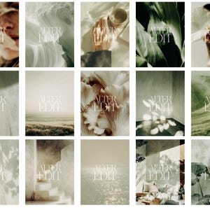 May include: A collection of fifteen aesthetic images with a muted color palette. Each image features a different natural element, including flowers, leaves, and landscapes. The text "ALTER EDIT" is overlaid on each image in a delicate font.