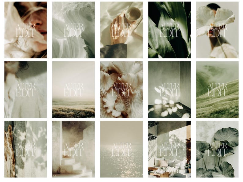 May include: A collection of fifteen aesthetic images with a muted color palette. Each image features a different natural element, including flowers, leaves, and landscapes. The text "ALTER EDIT" is overlaid on each image in a delicate font.