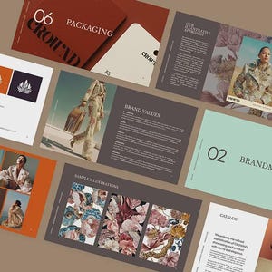 May include: A collection of design elements, including a brochure with the text "PACKAGING" and "GROUND", a brochure with the text "OUR ILLUSTRATIVE APPROACH", and a brochure with the text "BRANDMARKS". The color palette includes orange, brown, and teal.
