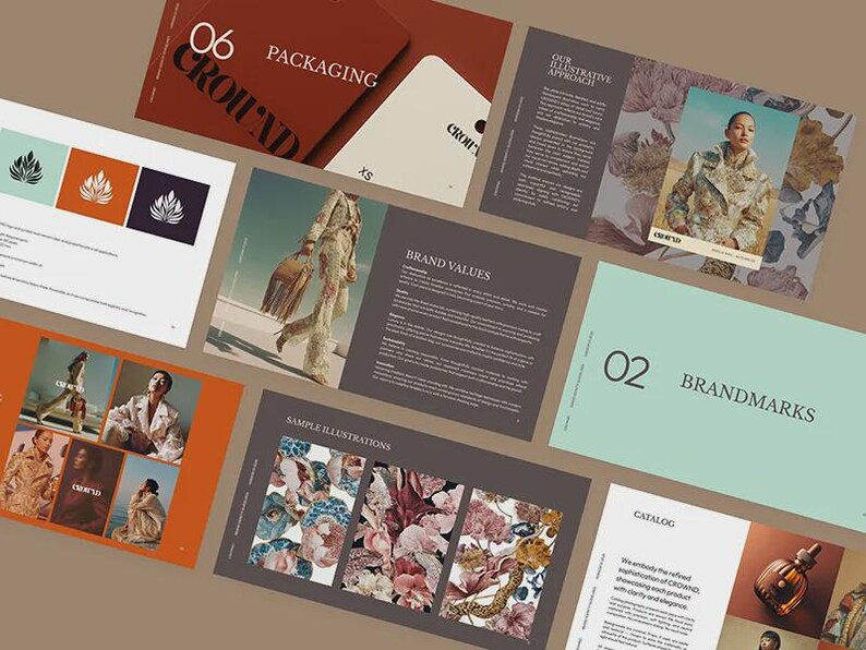 May include: A collection of design elements, including a brochure with the text "PACKAGING" and "GROUND", a brochure with the text "OUR ILLUSTRATIVE APPROACH", and a brochure with the text "BRANDMARKS". The color palette includes orange, brown, and teal.