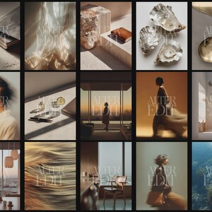 May include: A collection of artistic photographs with a minimalist aesthetic. The images feature various objects and scenes, including a book, a person, a glass of water with a lime, and a vase with dried flowers. The color palette is warm, with a focus on natural light and shadows.