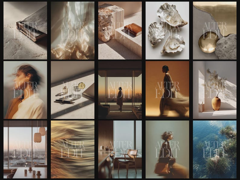 May include: A collection of artistic photographs with a minimalist aesthetic. The images feature various objects and scenes, including a book, a person, a glass of water with a lime, and a vase with dried flowers. The color palette is warm, with a focus on natural light and shadows.