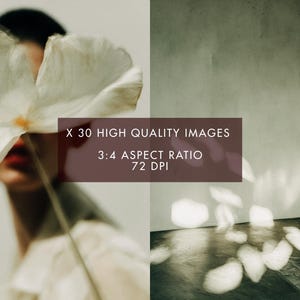 May include: A split image with a person partially obscured by a large white flower on the left and a room with light and shadow on the right. Text on the left reads "X 30 HIGH QUALITY IMAGES", "3:4 ASPECT RATIO", and "72 DPI".