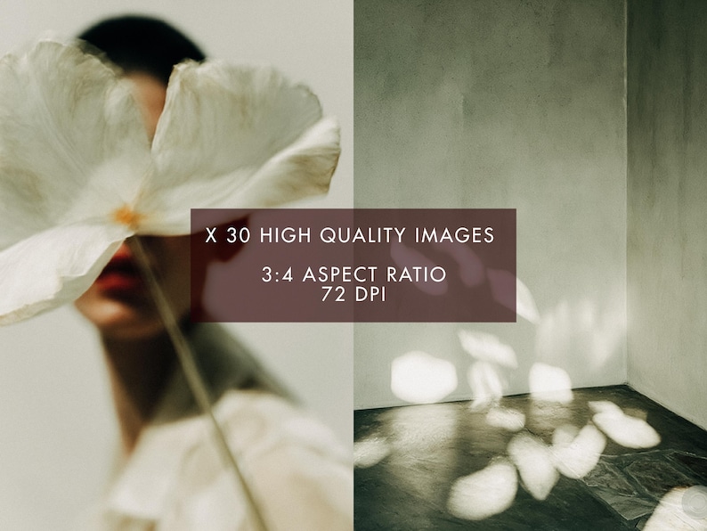 May include: A split image with a person partially obscured by a large white flower on the left and a room with light and shadow on the right. Text on the left reads "X 30 HIGH QUALITY IMAGES", "3:4 ASPECT RATIO", and "72 DPI".