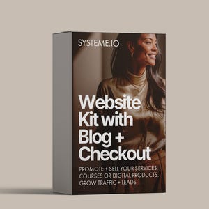 Puede incluir: Una caja de producto con el texto "Website Kit with Blog + Checkout" y el logotipo de Systeme.io. La caja presenta a una mujer con una blusa dorada. El texto de abajo dice "Promote + Sell Your Services, Courses or Digital Products. Grow Traffic + Leads."