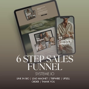 May include: A digital marketing graphic featuring a tablet and smartphone displaying website mockups. The tablet shows a website with the text "1:1 Coaching Session" and "The Blueprint." The smartphone displays "1:1 Coaching Session." The graphic also includes the text "6 STEP SALES FUNNEL."