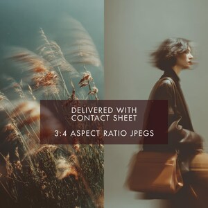 May include: An artistic photograph featuring blurred images of tall grasses and a person. The text on the image reads "DELIVERED WITH CONTACT SHEET" and "3:4 ASPECT RATIO JPEGS". The person is wearing a dark jacket and carrying a brown bag.