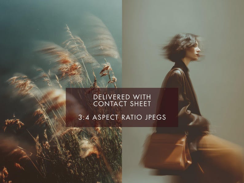 May include: An artistic photograph featuring blurred images of tall grasses and a person. The text on the image reads "DELIVERED WITH CONTACT SHEET" and "3:4 ASPECT RATIO JPEGS". The person is wearing a dark jacket and carrying a brown bag.