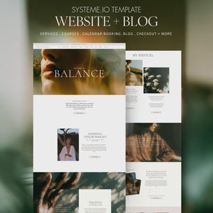 May include: A Systeme.io website and blog template featuring a neutral color palette with serif typography. The layout includes sections for services, courses, calendar booking, and checkout, displaying images of a person and floral elements.