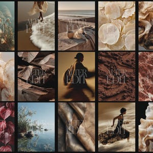 May include: A collection of aesthetic images with a warm, neutral color palette. The images feature natural elements like water, sand, and plants, along with abstract textures and a person running. The text "ALTER EDIT" is overlaid on each image.
