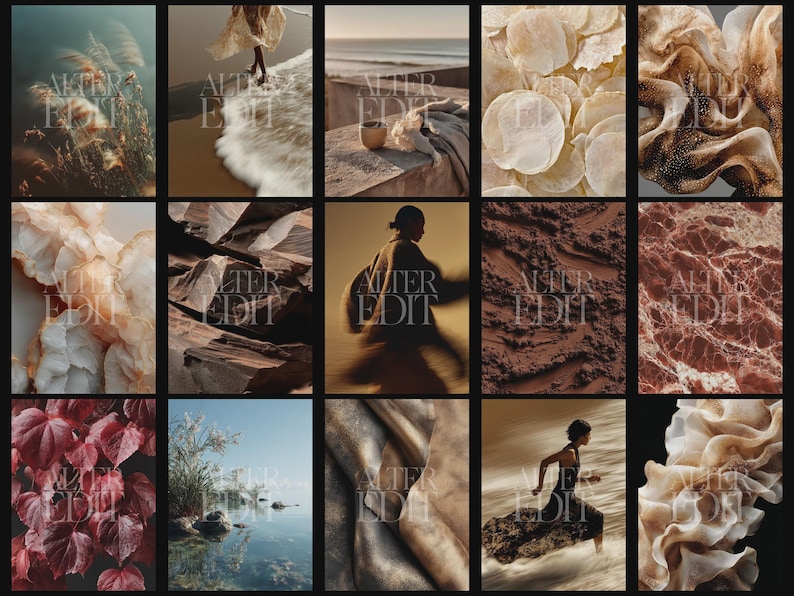 May include: A collection of aesthetic images with a warm, neutral color palette. The images feature natural elements like water, sand, and plants, along with abstract textures and a person running. The text "ALTER EDIT" is overlaid on each image.