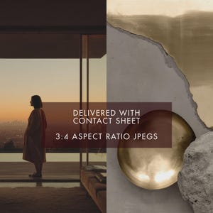 May include: An artistic image with a person silhouetted against a sunset cityscape. The image includes text that reads "DELIVERED WITH CONTACT SHEET" and "3:4 ASPECT RATIO JPEGS". The right side features abstract art with gold and stone textures.