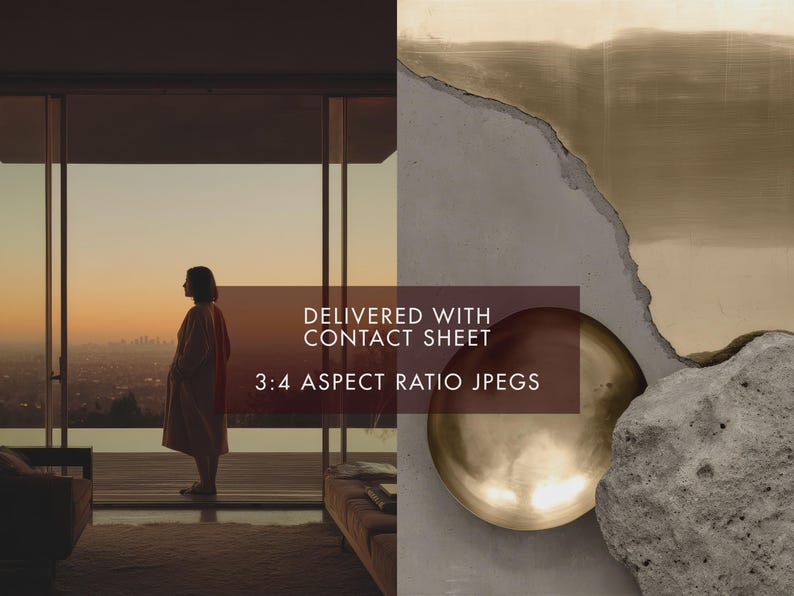 May include: An artistic image with a person silhouetted against a sunset cityscape. The image includes text that reads "DELIVERED WITH CONTACT SHEET" and "3:4 ASPECT RATIO JPEGS". The right side features abstract art with gold and stone textures.