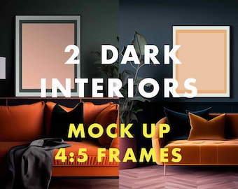 Art print mock up Dark interior elegant living room frame mock up Set of 2 Print on Demand Artists Orange Sofa, Dark color Living rooms