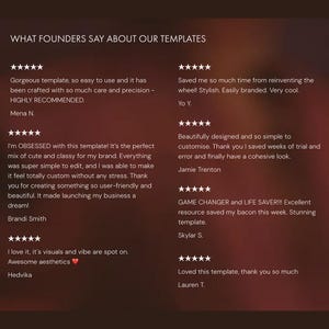 May include: A dark red background with white text that reads "WHAT FOUNDERS SAY ABOUT OUR TEMPLATES." Below are customer testimonials with star ratings, praising the templates for ease of use, design, and impact on their businesses.