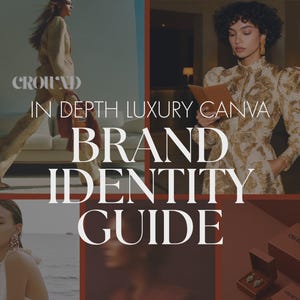 May include: A promotional image for a brand identity guide. The image features models in luxury attire, jewelry boxes, and the text "CROW'D IN DEPTH LUXURY CANVA BRAND IDENTITY GUIDE". The color palette includes beige, brown, and red.