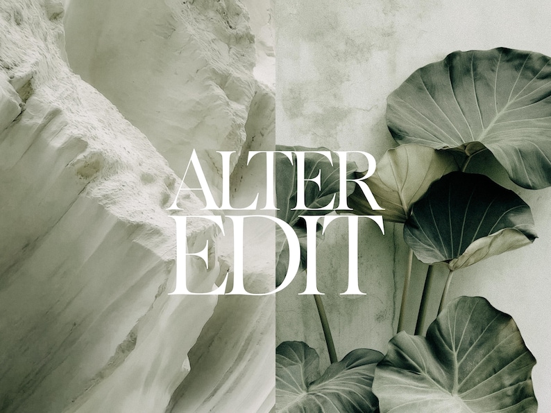 May include: A split image featuring a textured, white rock formation on the left and large, green leaves on the right. The text "ALTER EDIT" is centered in white, overlaying both sides. The overall aesthetic is muted and natural.