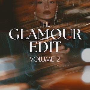 May include: A promotional graphic featuring a person with dark lipstick and dangling earrings, overlaid with the white text THE GLAMOUR EDIT VOLUME 2. The image has a motion blur effect with warm light streaks against a dark background.