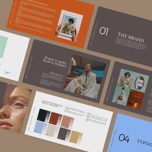 May include: A collection of design presentation pages with a brown background. The pages feature text, images, and color swatches. Some pages have titles like "The Brand" and "Typography". One page has the text "Power is quiet. Style is instinct."