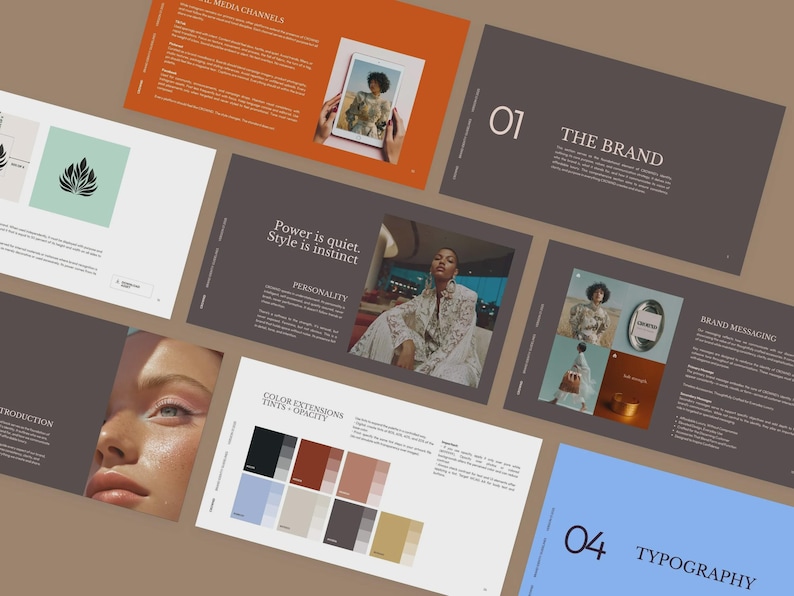 May include: A collection of design presentation pages with a brown background. The pages feature text, images, and color swatches. Some pages have titles like "The Brand" and "Typography". One page has the text "Power is quiet. Style is instinct."