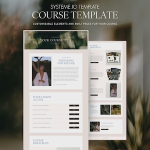 Könnte beinhalten: Eine Systeme.io-Kursvorlage mit einer neutralen Farbpalette mit weißen und beigen Abschnitten. Das Layout enthält Überschriften wie Course Template, Your Course Title, Preparing for Release, Your Lesson Access und Course Resources.